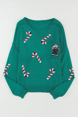 Green Sequined Candy Canes Gingerbread Man Graphic Sweater
