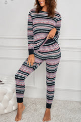 Printed Curved Hem Top Pants Pajamas Set