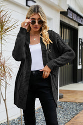 Ribbed Trim Cable-Knit Drop Shoulder Cardigan