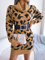 Animal Pattern Cowl Neck Mini Sweater Dress