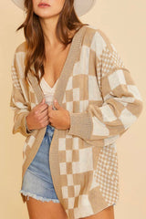 Cardigan kaki à carreaux colorblock ouvert sur le devant