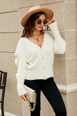 Cardigan duveteux à manches bouffantes et col en V