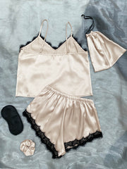 Lace Trim Cami, Shorts, Eye Mask, Scrunchie, Bag Pajama Set