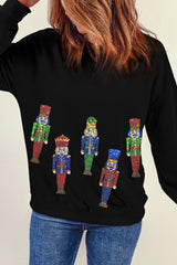 Schwarzes Sweatshirt mit Weihnachts-Nussknacker-Grafik und Pailletten
