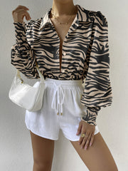 Printed Lantern Sleeve Smocked Cuff Blouse
