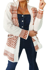 Cardigan blanc à imprimé géométrique et col en V avec ceinture