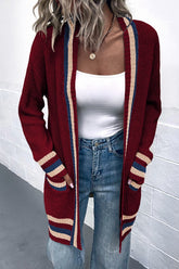 Contrast Trim Rib-Knit Open Front Longline Pocket Cardigan