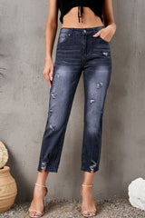 Cropped-Jeans mit Used-Look und Saumdetail