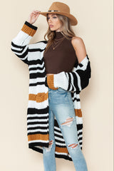 Striped Drop Shoulder Open Front Long Cardigan