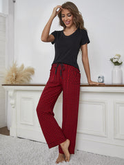 V-Neck Top Gingham Pants Lounge Set