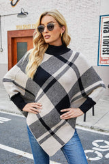 Plaid Mock Neck Handkerchief Hem Poncho