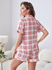 Plaid Lapel Collar Shirt Shorts Lounge Set