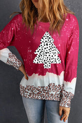 Red Leopard Christmas Tree Print Loose Fit Graphic Sweatshirt
