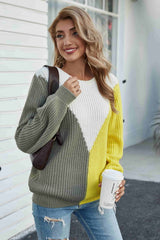 Rippstrickpullover mit Rundhalsausschnitt und Farbblock