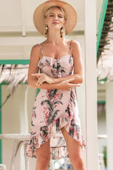 Geblümtes Kleid mit Spaghettiträgern, herzförmigem Ausschnitt und Rüschen