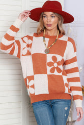 Brown Checkered Striped Knitted Pullover Sweater
