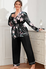 Plus Size Floral Belted Robe Pants Pajama Set