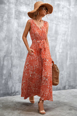 Robe longue imprimée à col en V et ceinture nouée