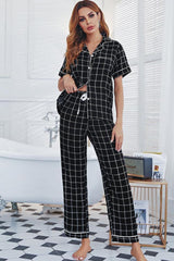 Grid Lapel Collar Short Sleeve Top Pants Pajama Set