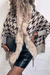 Houndstooth Faux Fur Trim Fringe Hem Poncho