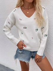 Pull col V à broderie florale
