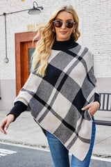 Plaid Mock Neck Handkerchief Hem Poncho