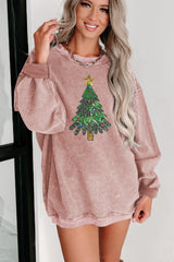 Pink Sequin Christmas Tree Oversized Graphic Sweatshirt