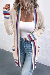 Contrast Trim Rib-Knit Open Front Longline Pocket Cardigan