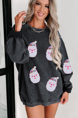 Black Sequined Santa Claus Graphic Corded Sweatshirt