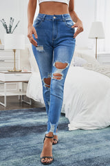 Jean skinny taille haute effet usé