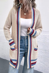 Cardigan long ouvert sur le devant en tricot côtelé à bordure contrastante et poches