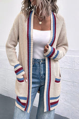 Contrast Trim Rib-Knit Open Front Longline Pocket Cardigan