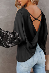 Black Santa Claus & HO HO HO Sequin Sleeve Graphic Top