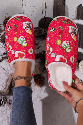 Red Christmas Cartoon Snowman Print Fuzzy Slippers