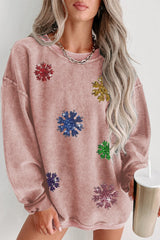 Green Sequin Snowflake Corded Drop Shoulder Graphic Sweatshirt