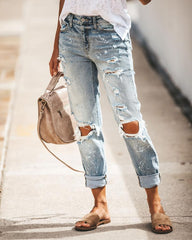 Street Hipster Washed Hole Slim Schlankmachende bedruckte Jeanshose
