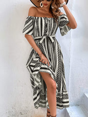 Robe midi imprimée à épaules dénudées et ceinture nouée
