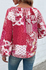 Patchwork-Bluse mit Knöpfen und Schleife am Halsausschnitt und Ballonärmeln