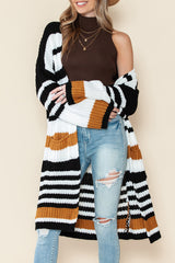 Striped Drop Shoulder Open Front Long Cardigan