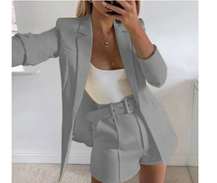 Top Shorts Suit with belt Casual Polo Collar Cardigan