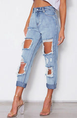 High Waist Loose Washed-out Denim Irregular Asymmetric Ripped Trousers