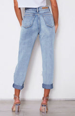 High Waist Loose Washed-out Denim Irregular Asymmetric Ripped Trousers