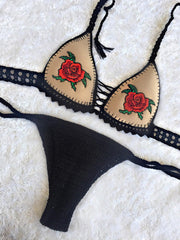 Bikini Crochet Embroidery Rose Swimsuit High Elastic Embroidered Split Bikini
