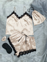 Lace Trim Cami, Shorts, Eye Mask, Scrunchie, Bag Pajama Set