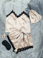 Lace Trim Cami, Shorts, Eye Mask, Scrunchie, Bag Pajama Set