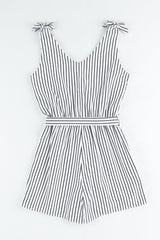 Striped Tie-Shoulder Belted Surplice Romper