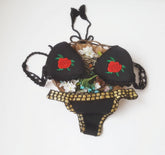 Bikini Crochet Embroidery Rose Swimsuit High Elastic Embroidered Split Bikini