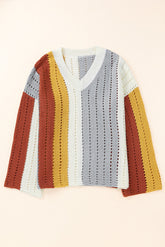 Color Block V-Neck Openwork Drop Shoulder Sweater