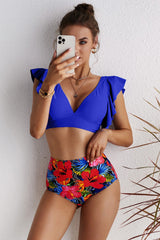 Bikini-Set mit Blumenmuster und hoher Taille und Rüschen