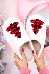White Fuzzy Tree Pattern Christmas Home Slippers